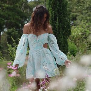 Sabo Skirt Pastel Blue and White Off Shoulder Cut out Mini Dress